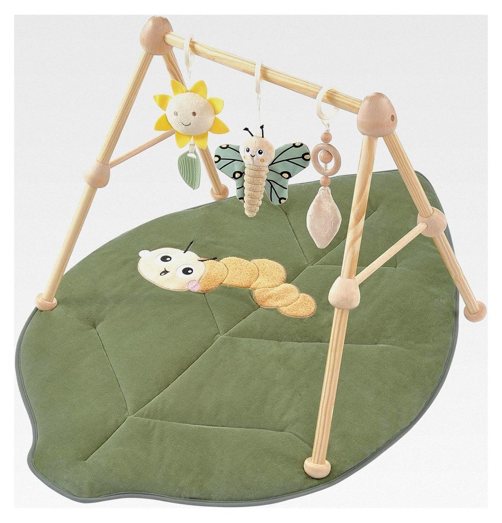 4 IN 1 Spielbogen für Babys, Spielmatte aus Naturholz mit 3 abnehmbaren Spielzeugen, geeignet für 0-36 Monate