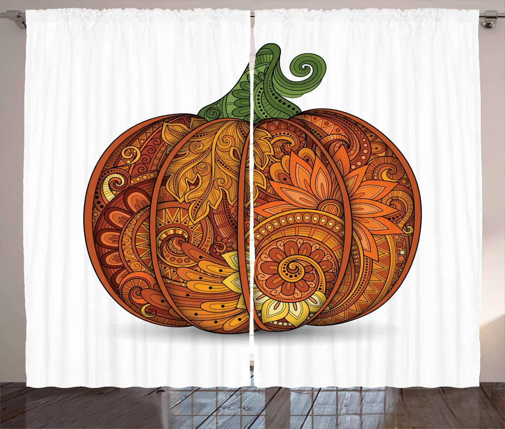 ABAKUHAUS Tenda rustica con motivi vegetali, zucche stilizzate, tenda con passanti e ganci per camera da letto, 280 x 245 cm, arancione scuro e verde felce
