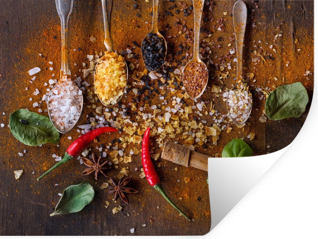 MuchoWow Wandtattoo Wandsticker Wandaufkleber Löffel - Kräuter - Chili - Gewürze - Salz 120x90 cm Selbstklebend und Repositionierbar - Aufkleber
