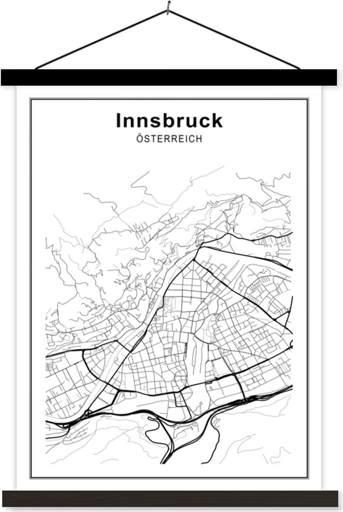 MuchoWow Textilposter Stadtplan - Schwarz und Weiß - Innsbruck 120x160 cm mit schwarzem Rahmen - Magnetischer