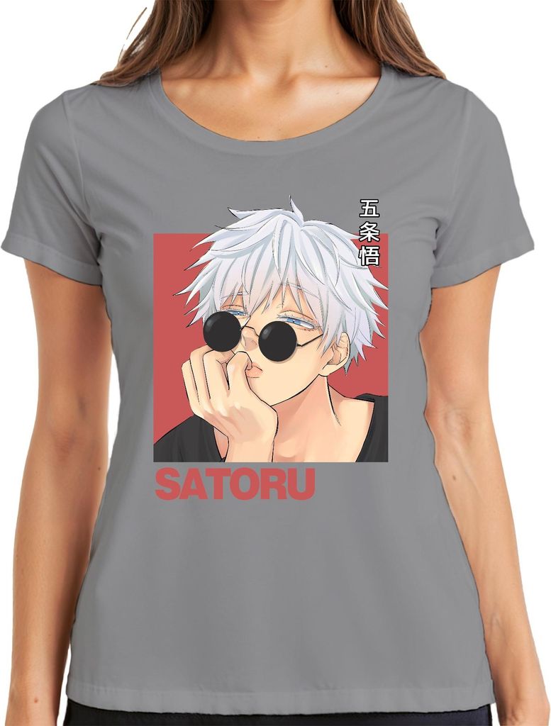 SATORU Gojo Jujutsu Kaisen Anime Sonnenbrille weißes Haar Retro Damen T-Shirt, Grau, M