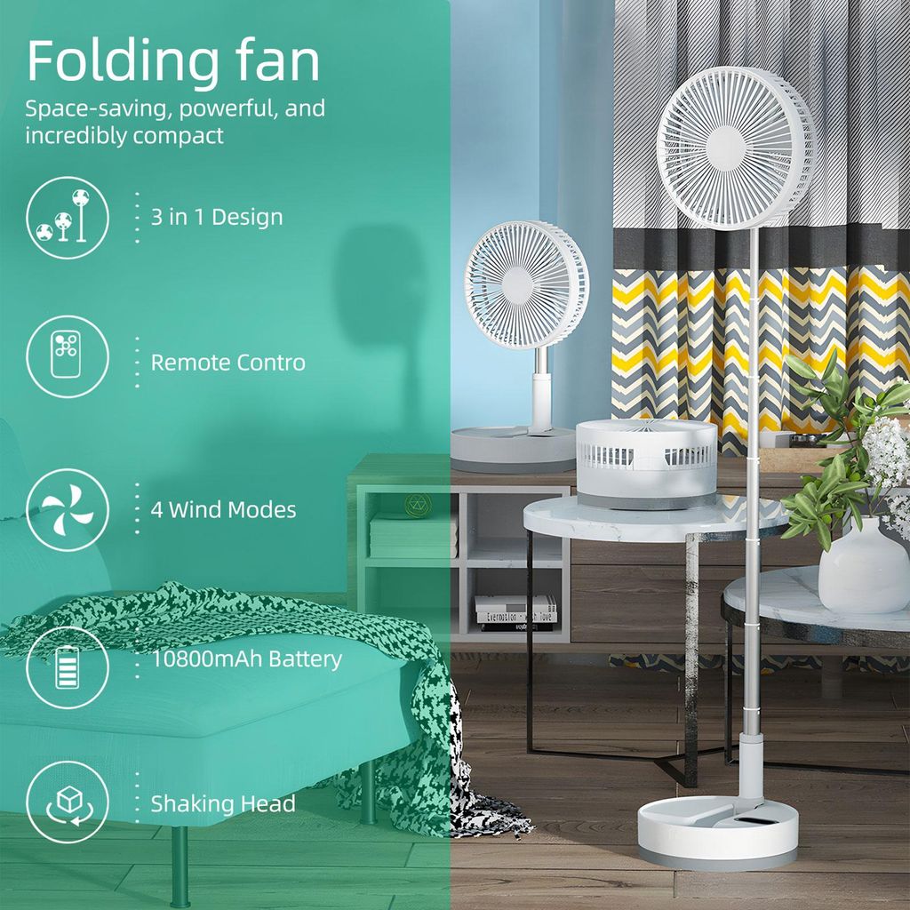 9-Zoll tragbarer Standventilator 10800mAh Akku Typ-C wiederaufladbarer oszillierender Standventilator mit LED-Nachtlicht Fernbedienung Teleskopvent...