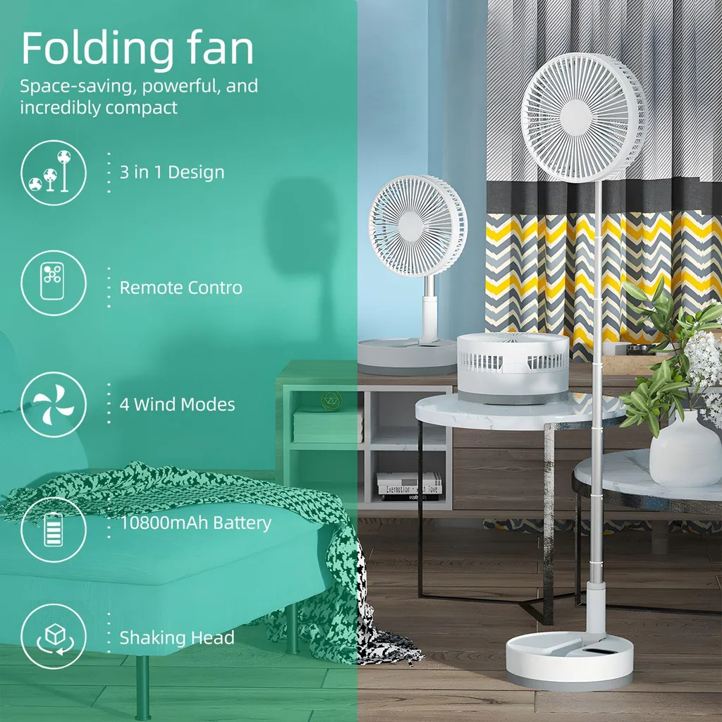 Ventilateur silencieux 4 vitesses avec batterie Type-C et veilleuse LED
