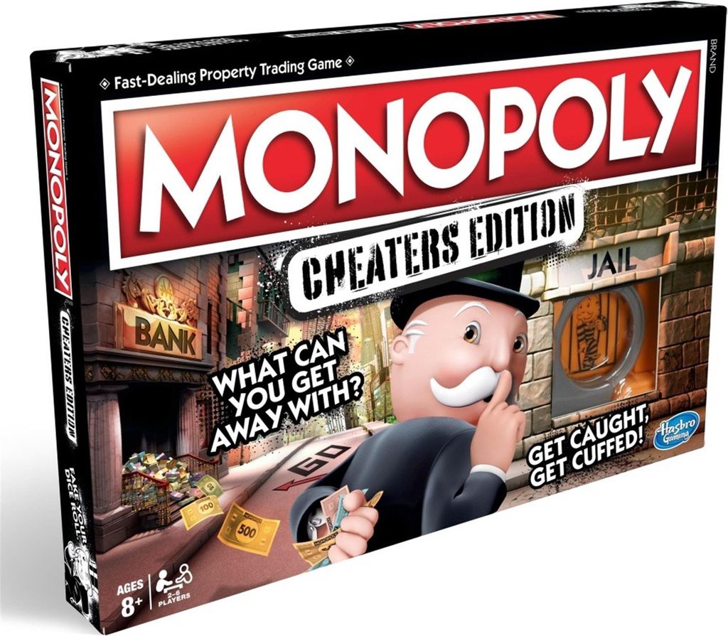 The image shows the box of the Monopoly Cheaters Edition board game, with a cartoonish depiction of Mr. Monopoly peeking from behind a stack of money and pointing to his lips, suggesting secrecy. The background features elements of a bank and a jail cell.