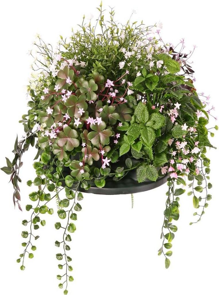 artplants.de Künstliches Blumengesteck Fleißiges Lieschen DANFIR, Minze, Farn, Klee, weiß-grün, 50cm, Ø32cm - Kunstblumen Gesteck