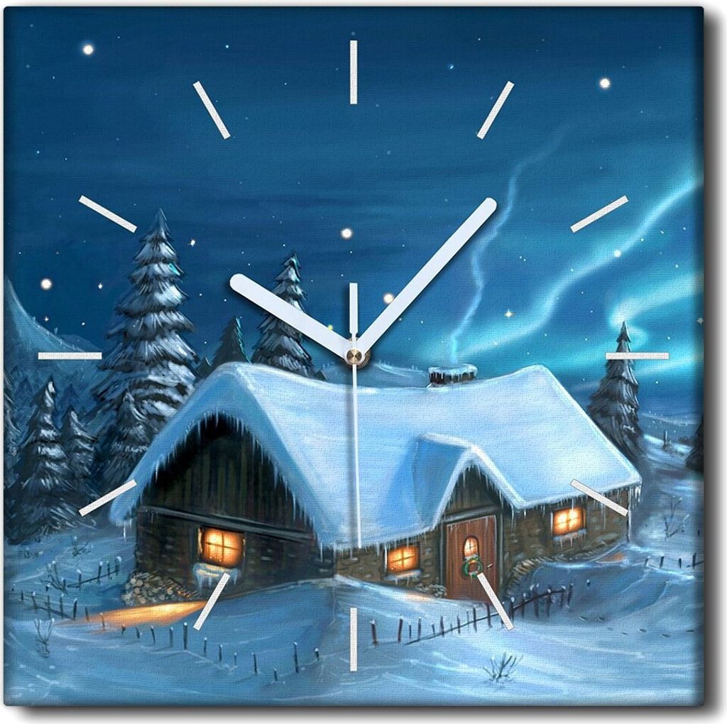 Coloray Uhr auf Leinwand 30x30 cm Wand Uhr Dekoration Wohnzimmer Segeltuch weiße Zeiger -Winter Weihnachtsschnee Nacht