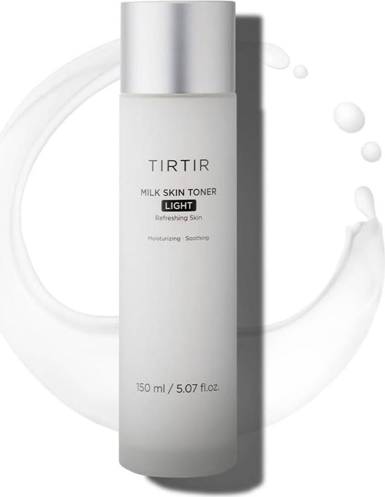 A bottle of Tirtir Milk Skin Toner Light is shown against a white background with a splash of milk effect.