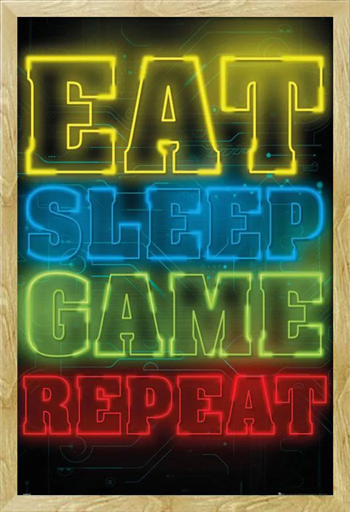 Gaming - Poster - Eat, Sleep, Game, Repeat + cornice rimovibile, Shinsuke® Maxi MDF faggio, disco acrilico