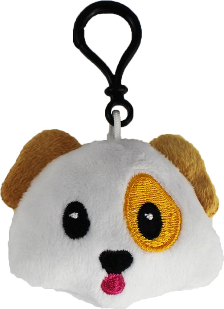 Emoji Schlüsselanhänger HUND Smiley aus Plüsch hochwertiger Emoticon Anhänger mit Schlaufe und Karabiner-Haken