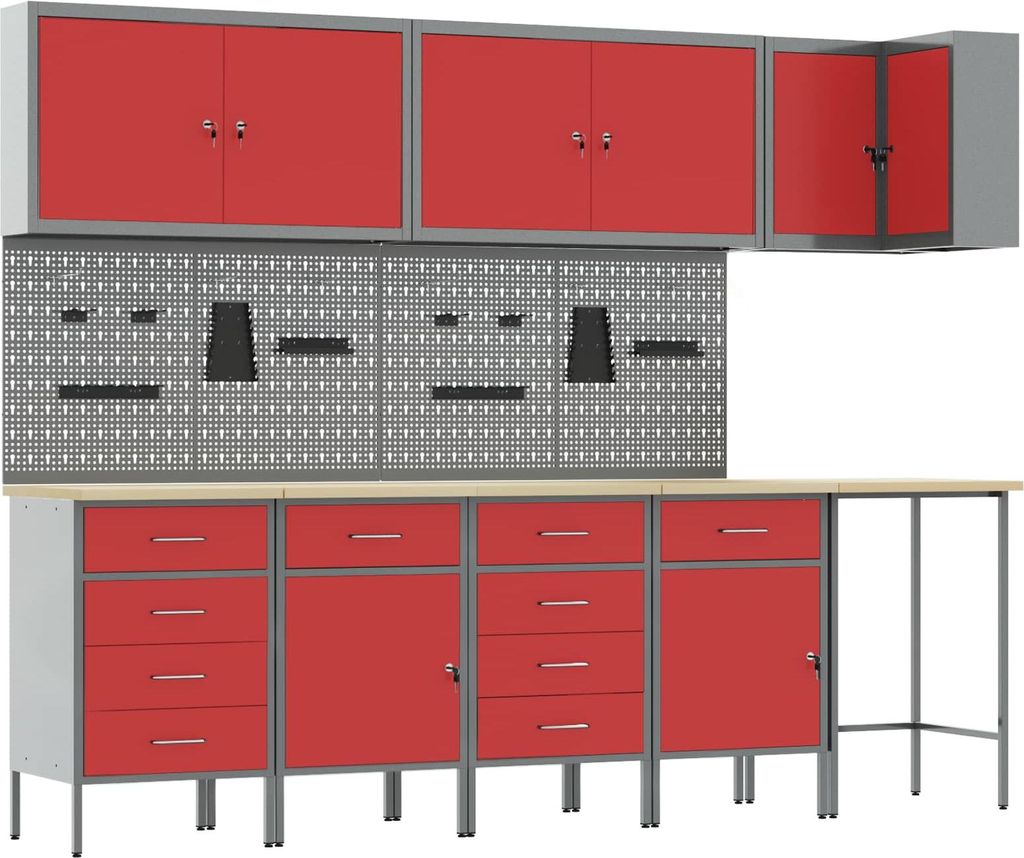 Arbeitsschrankset mit Schubladen mit Regal 12 pcs Rot und Grau