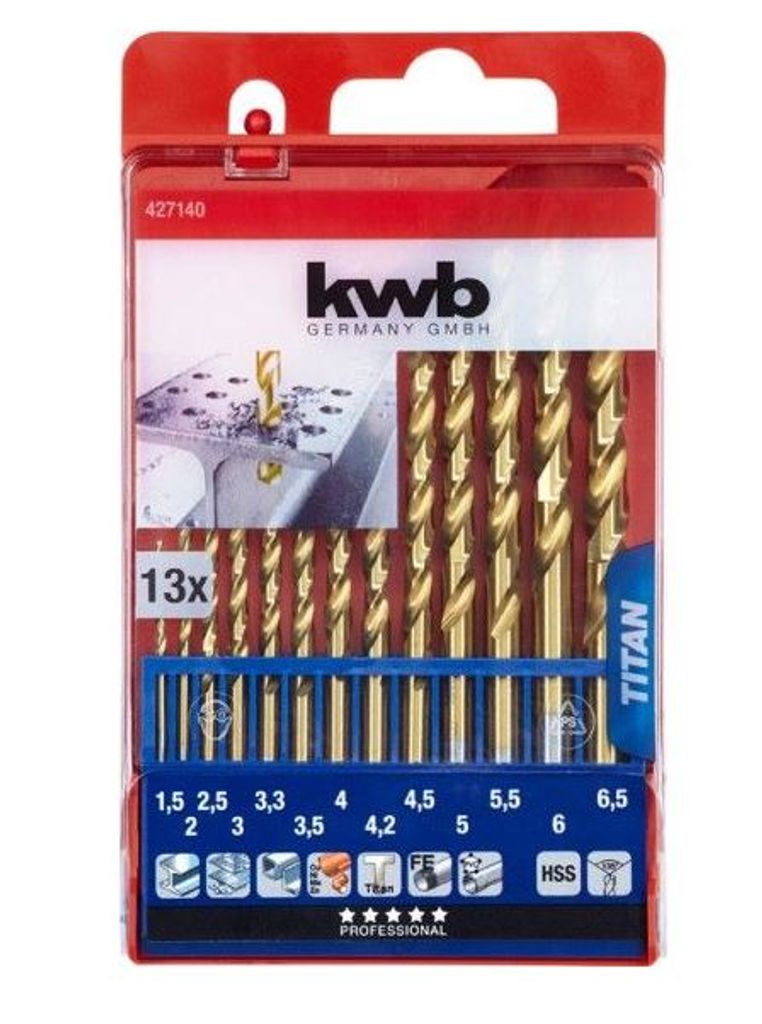 kwb HSS-TIN Titan Metallbohrer-Satz – Bohrer-Set, 13-teilig, Ø 1,5 bis 6,5 mm (Steigung 0,5 mm) sowie 3,3 und 4,2 mm