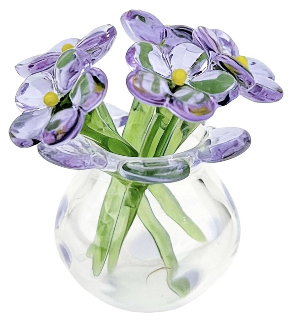 Niedliche Mini-Figur aus mundgeblasenem Glas mit Kunstkristallblumen, Sammlerstück, kleine Blumenvase mit Biene/Vogel als Nachbildungation für Zu...