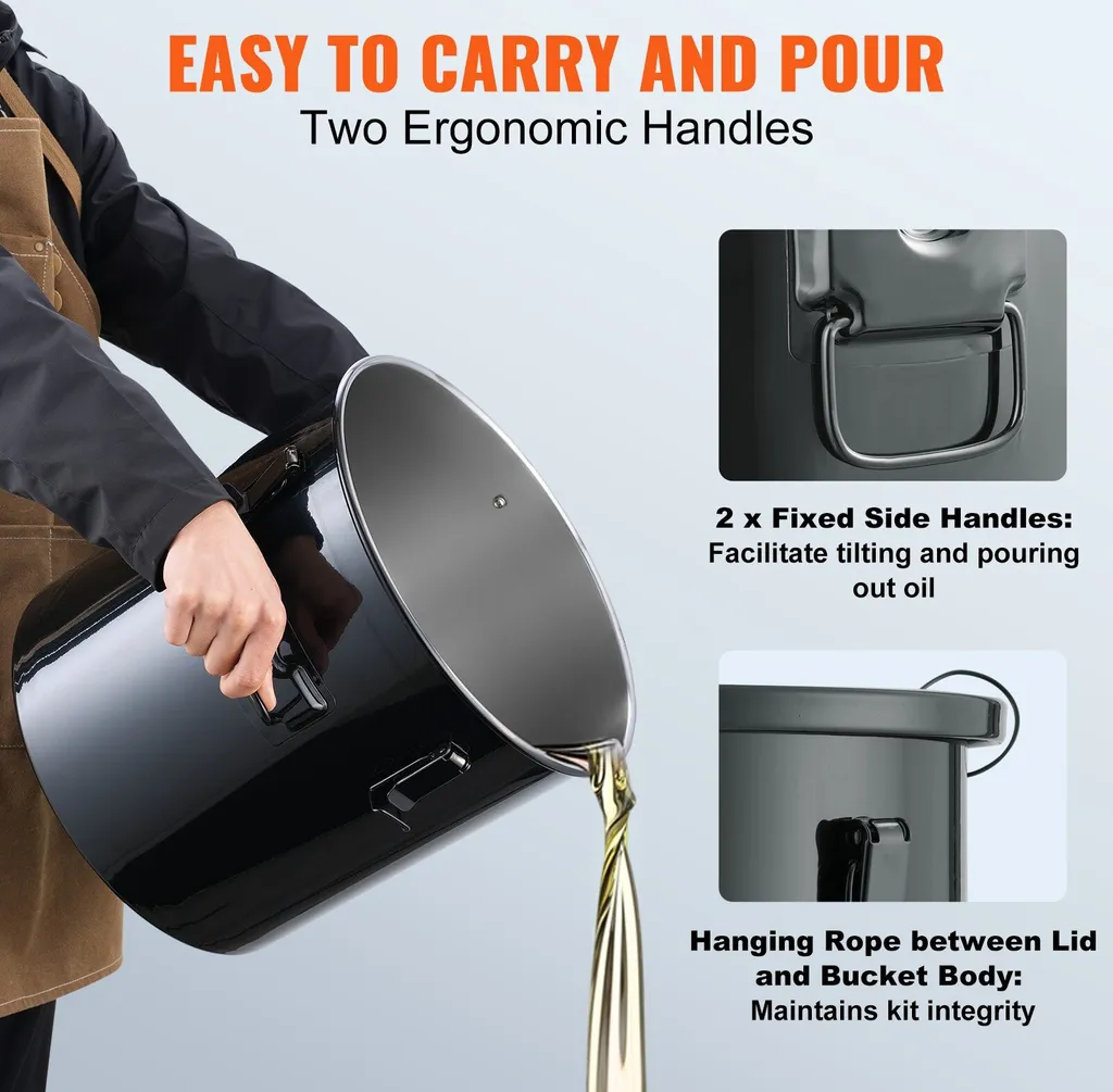 Contenitore per lo smaltimento dell'olio di friggitrice da 30 litri, secchio per olio di friggitrice in acciaio inox, rivestimento antiruggine, contenitore per il trasporto dell'olio con coperchio, sacchetto filtrante per il filtraggio dell'olio di cottura caldo, nero - 5