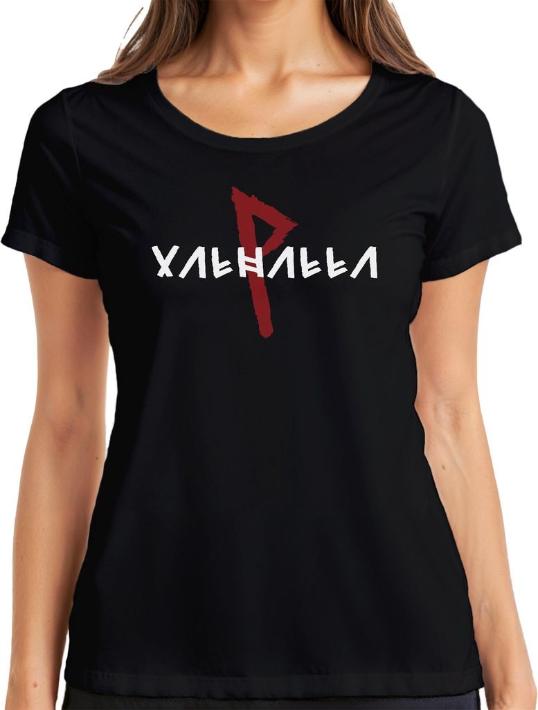 Valhalla Wikinger Nordische Mythologie Runen Odin Asgard Walhalla Damen T-Shirt, Schwarz, L