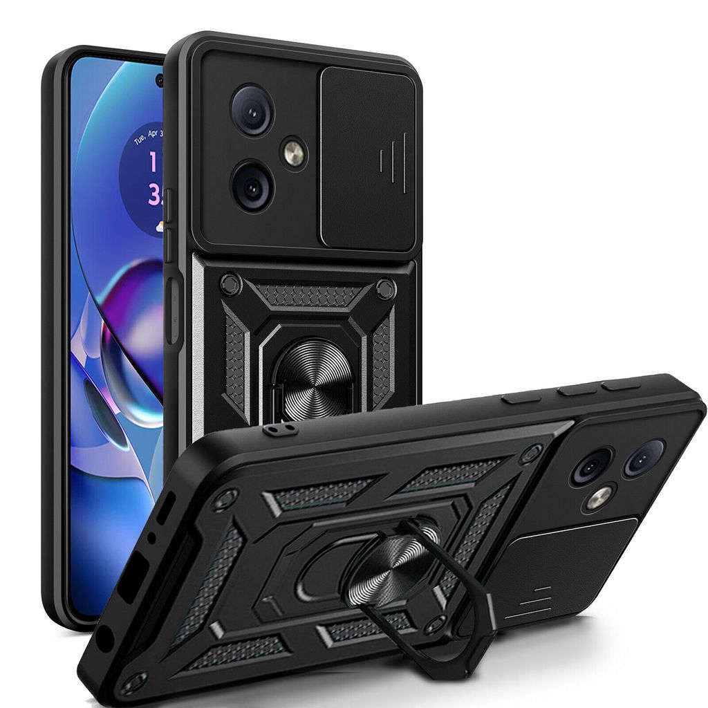 A black phone case with a ring holder and camera cover is shown from two angles against a white background.