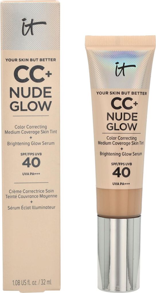 A product shot of IT Cosmetics CC+ Nude Glow foundation and its packaging.