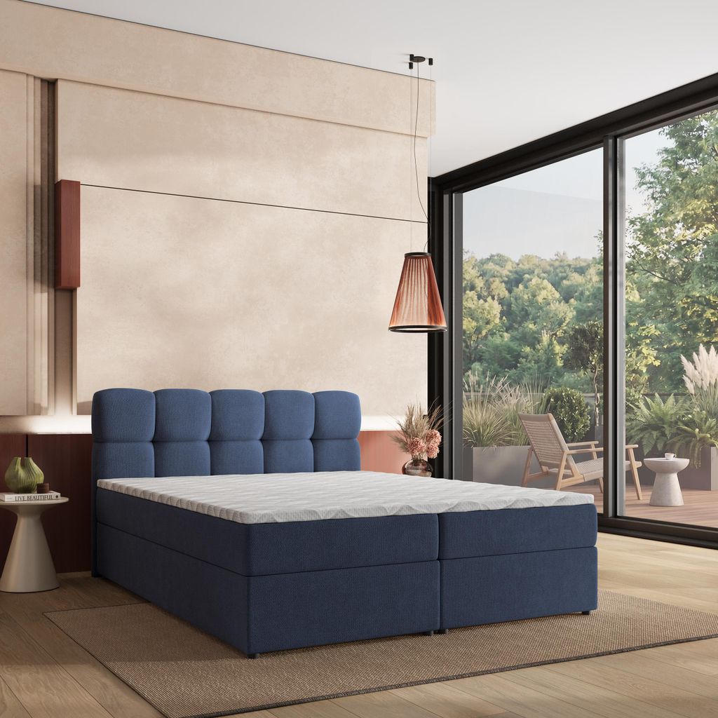 Masseno Boxspringbett MERU 160x200 cm Komplett-Set mit Bonell Matratze und Topper, Polsterbett mit Bettkästen -Blau, SORO 76