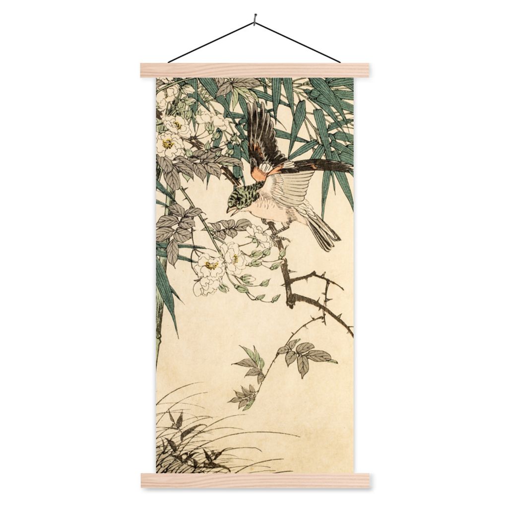 MuchoWow Textilposter Roter Vogel im Bambus 40x80 cm mit holzfarbenen Rahmen - Wohnzimmer