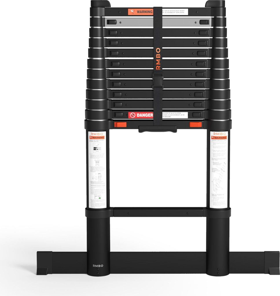 RMBO Teleskopleiter 3,8 m lang, Soft-Closing, Max. Belastung 150 kg, EN 131.6, Anlegeleiter, Klappbare Leiter