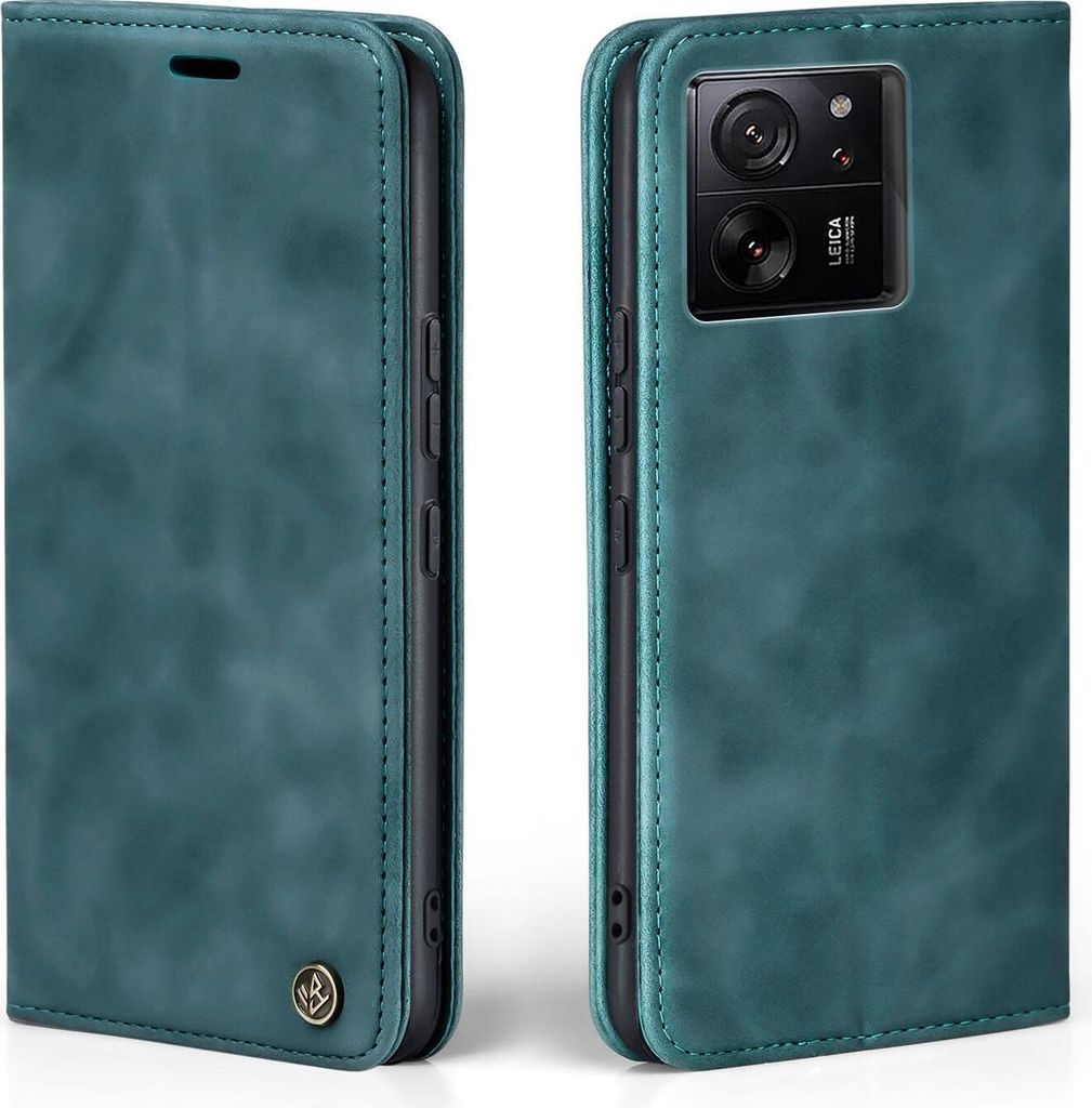 A teal flip case for a smartphone is shown from two angles.