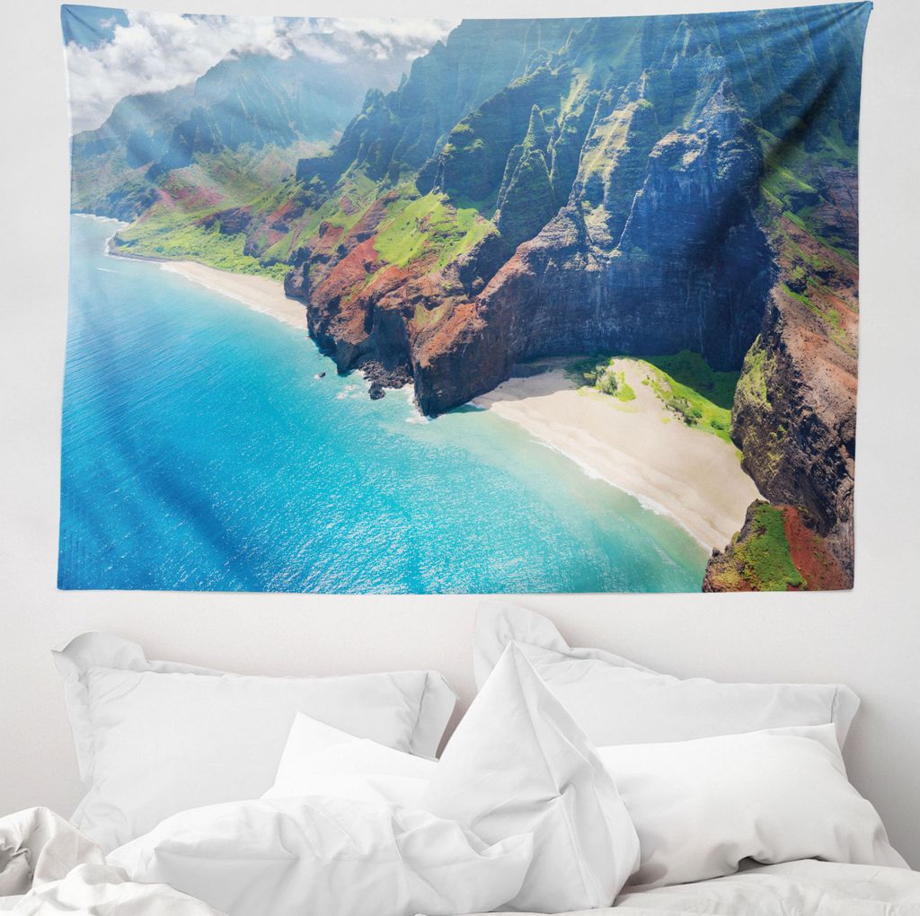 ABAKUHAUS Hawaii Wandteppich, Na Pali -Insel aus Weiches Mikrofaser Stoff Waschbar ohne Verblassen Digitaldruck, 150 x 110 cm, Grün braun Braun Blau