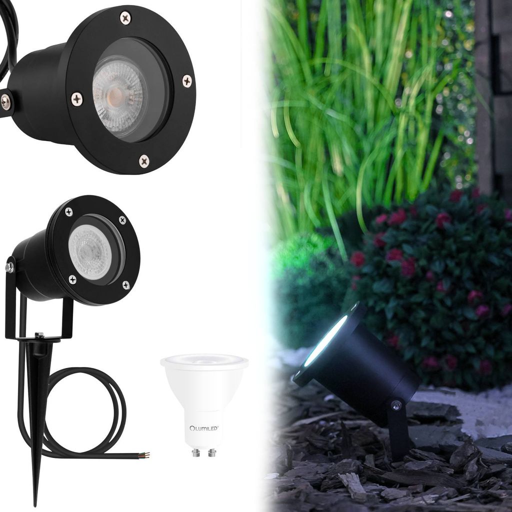 Collage of garden lights and a garden scene.