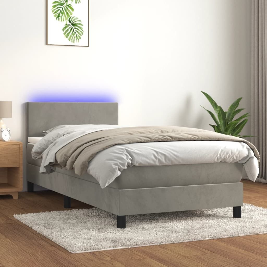 The Living Store Boxspringbett mit Matratze & LED Hellgrau 90x190 cm Samt
