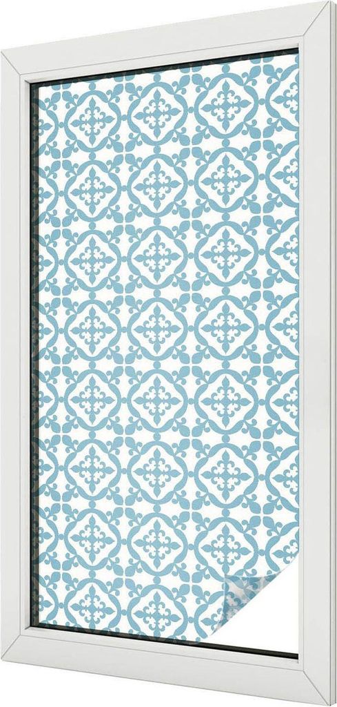 Buntglas Fensterfolie – 100x50 cm – Stained-Glass Design – blickdichte dekorative Sichtschutzfolie – selbstklebend, UV-Schutz – Blaue Orn...