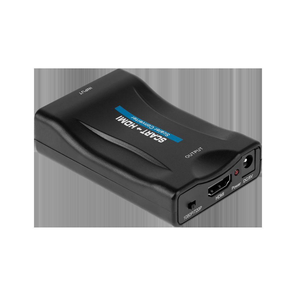 A black SCART to HDMI converter is shown on a light gray background.