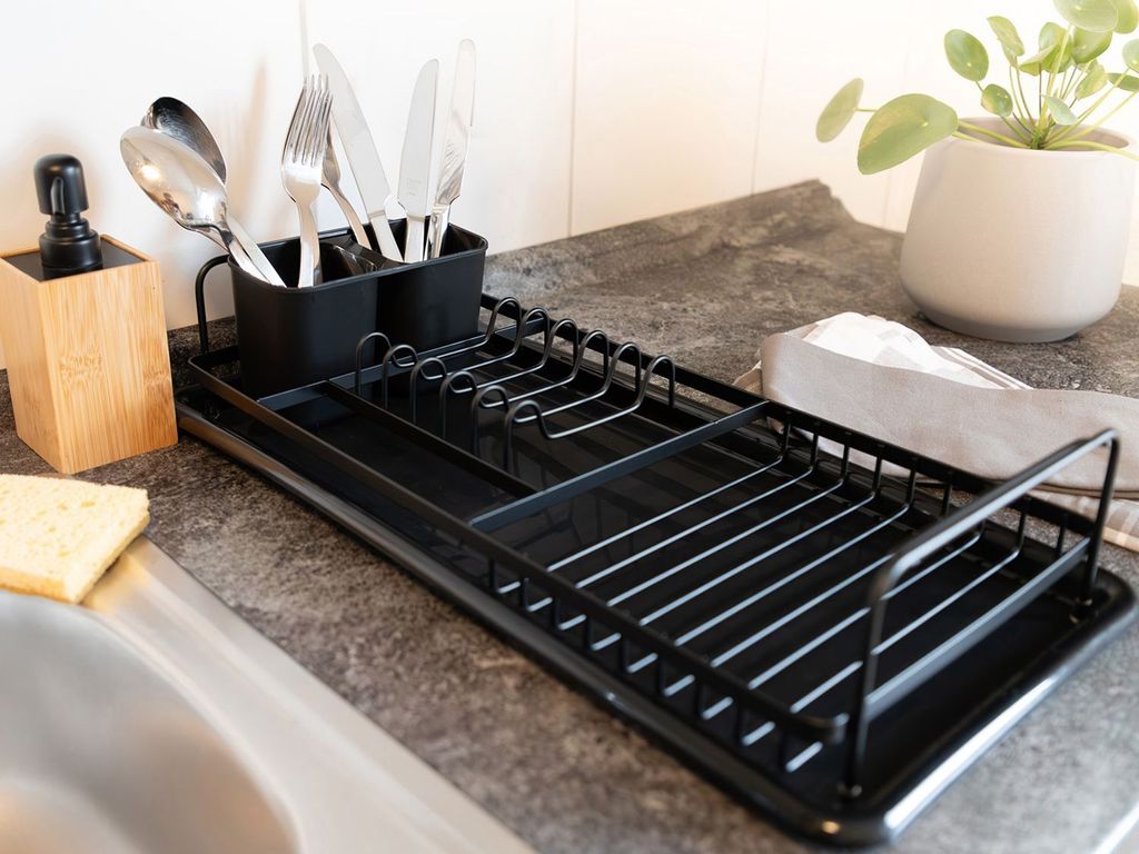 Geschirrabtropfgestell schwarz mit Auffangschale Abtropfgestell Abtropfständer Geschirrabtropfer Abtropfgitter Geschirrständer Geschirrablage Abt...
