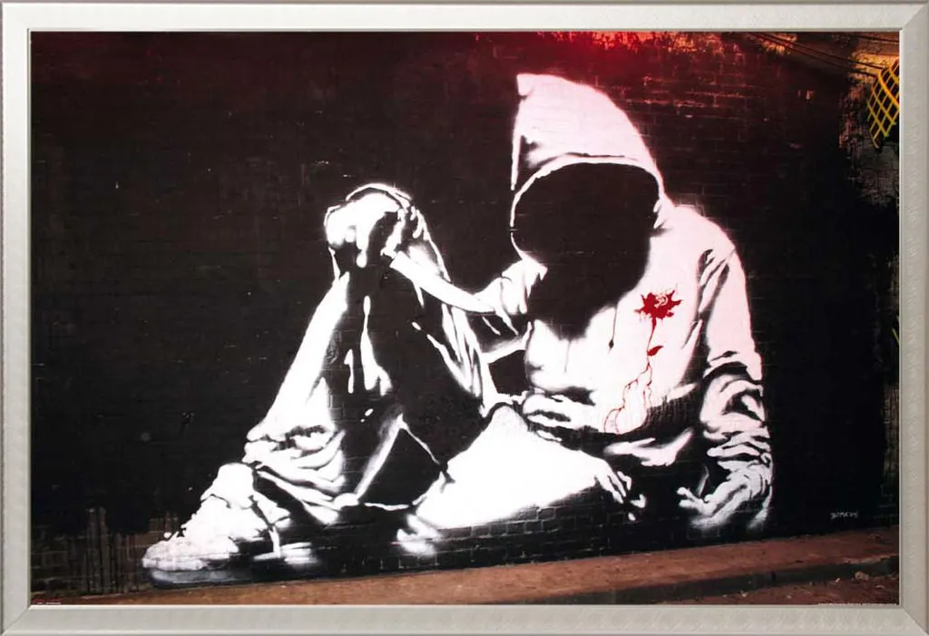 Décoration Murale Banksy avec Cadre Aluminium Argenté pour Salon Moderne