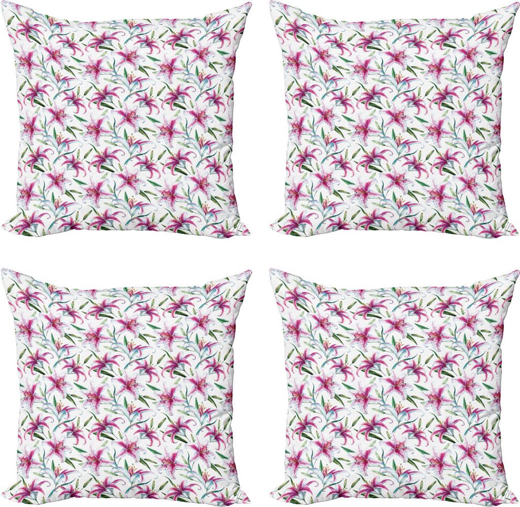 ABAKUHAUS Blume Kissenbezug Set (4 Stück), Vivid Wilde Lily Flora, Moderner Doppelseitiger Digitaldruck, 45 cm x 45 cm, Lila Grün