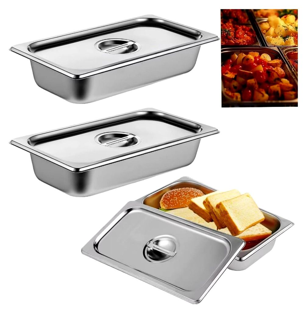 3-teiliges Set Edelstahlbehälter 1/3 mit Deckel, Warmhaltebehälter für Gastronomie, hitzebeständiger Gastrobehälter, 32,6 x 17,8 x 6,5 cm