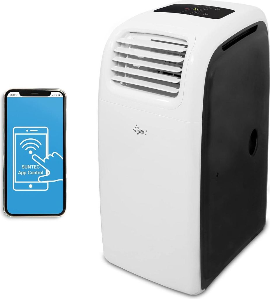 A portable air conditioner unit is shown next to a smartphone displaying an app control interface.
