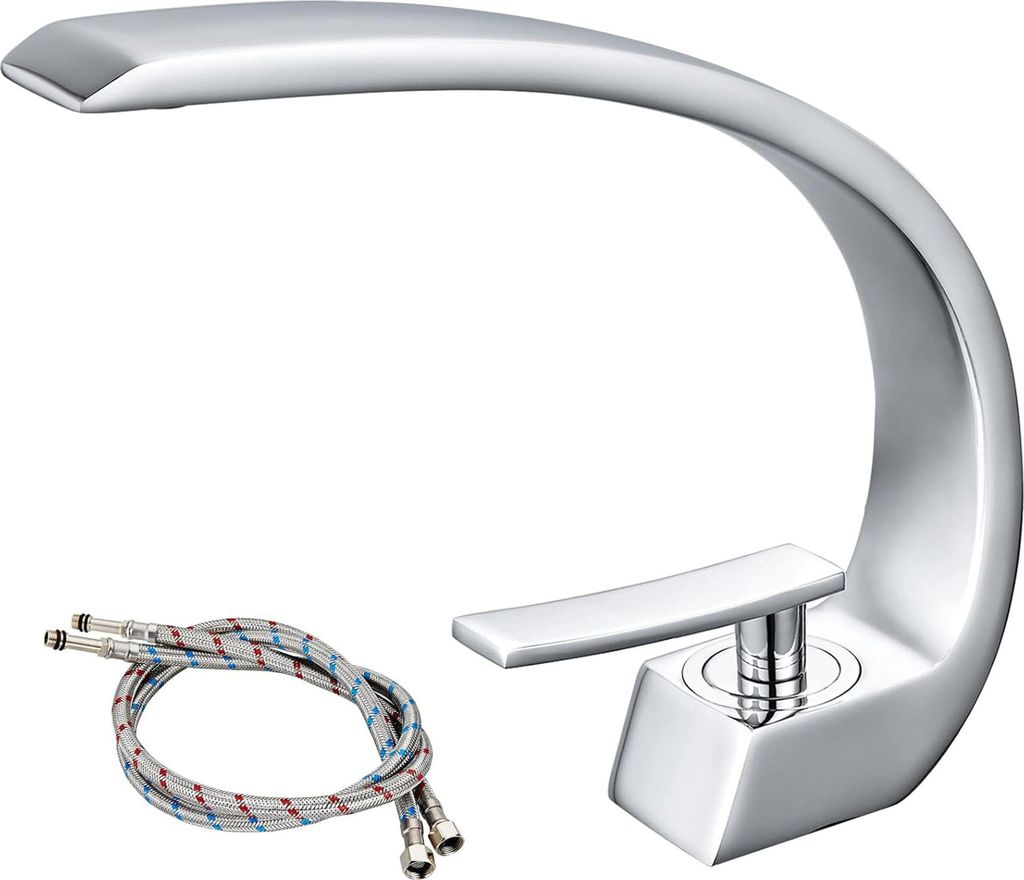 A chrome-finished bathroom faucet with attached flexible hoses, presented on a white background.