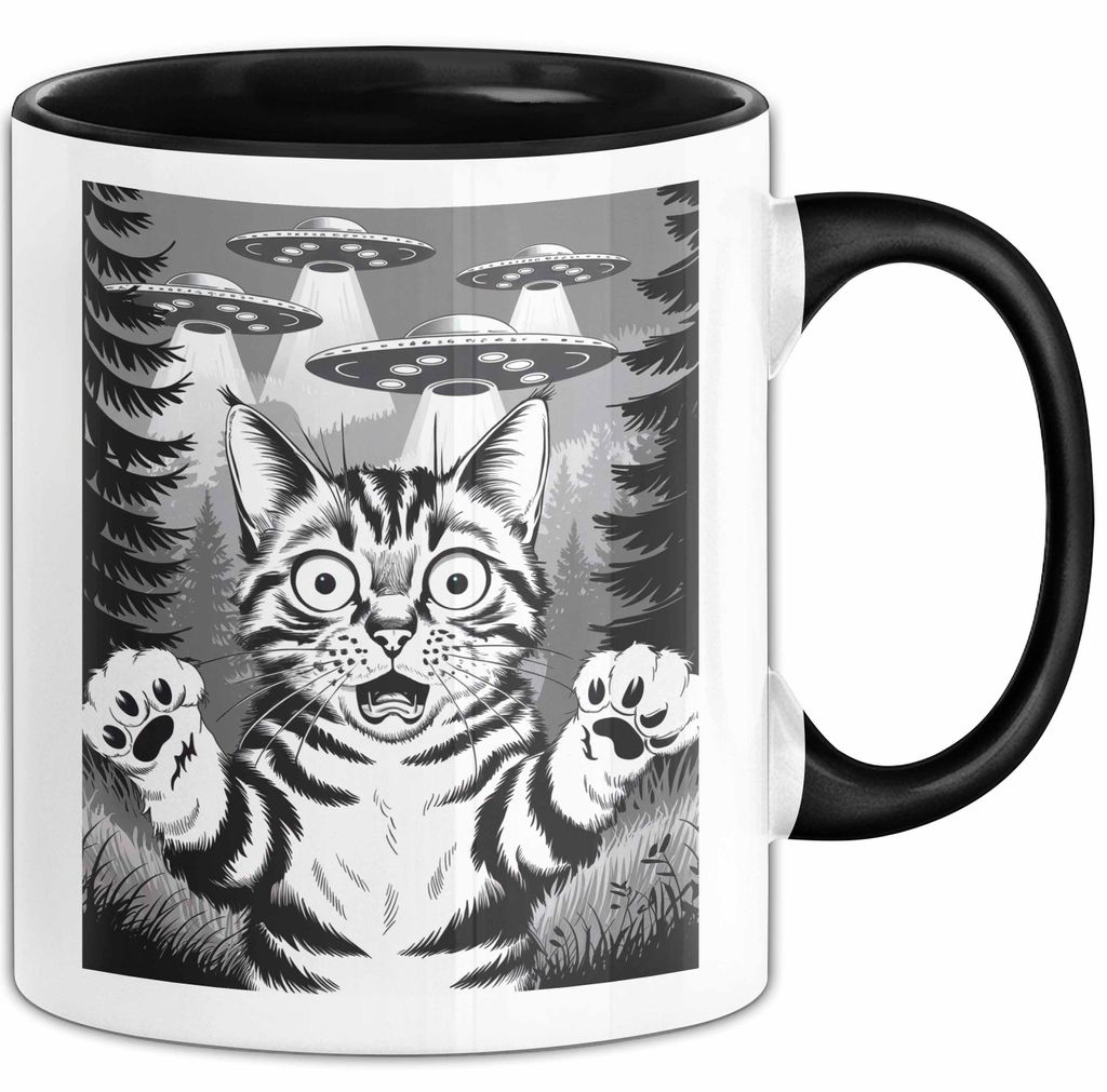 Katzen Tierliebhaber Tasse Geschenk Lustige Geschenkidee Spruch Alien UFO Katze (Schwarz)