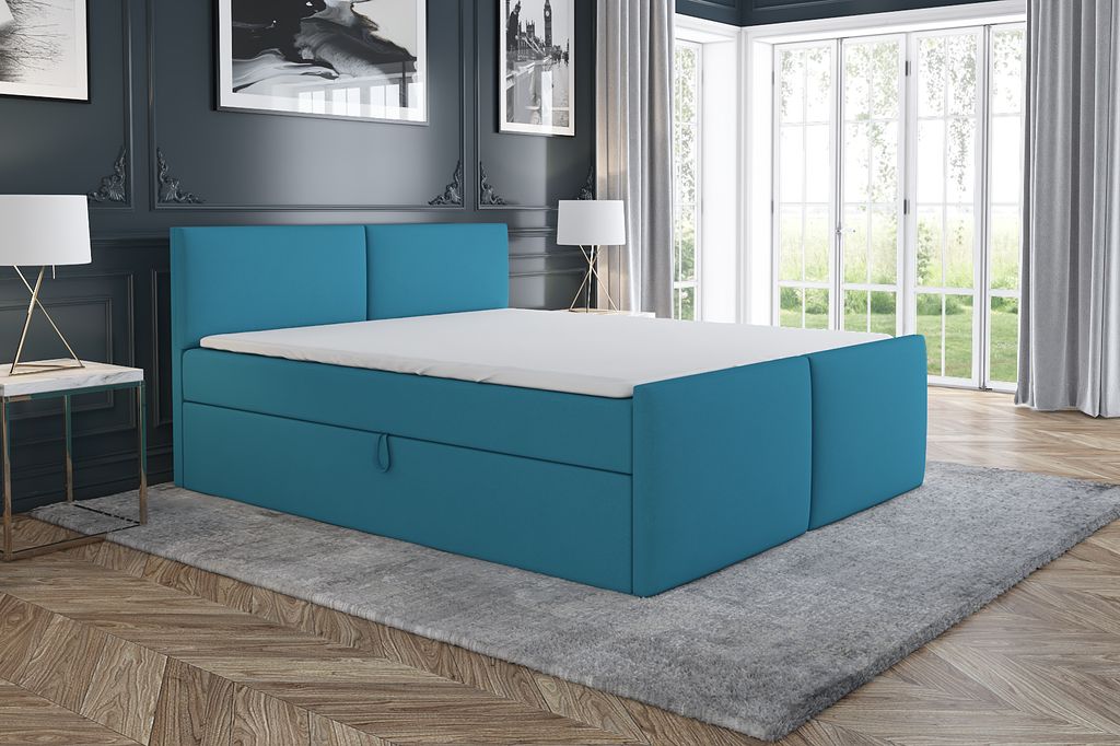 Boxspringbett BRAN 120x200 mit 2 Bettkästen, Bonell-Matratze und Topper. Farbe: Blau.