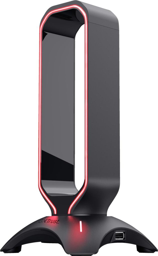 A black headset stand with red LED lighting, shown against a white background.