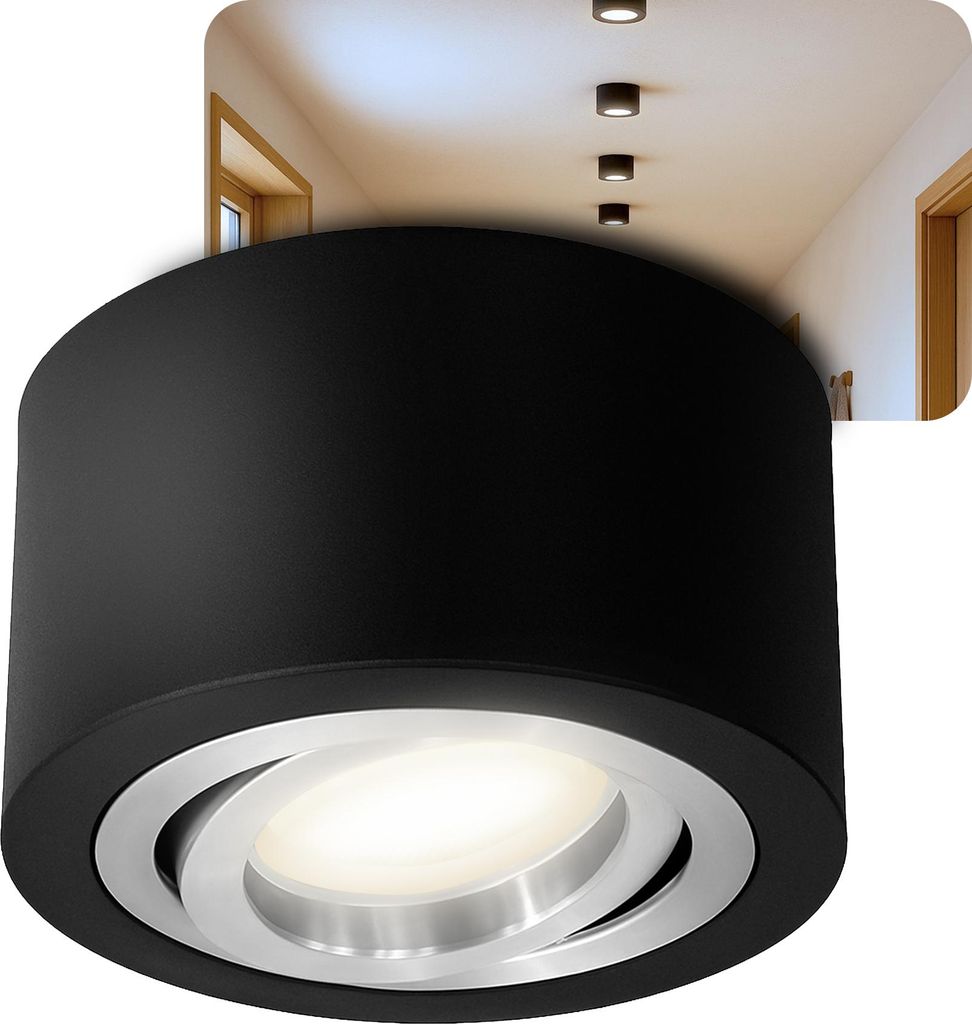 SSC-LUXon LANTI Aufbauspot schwarz rund silber Innenring – schwenkbarer Strahler mit LED 4W neutralweiß 230V – Spot für Wohnzimmer & Küche