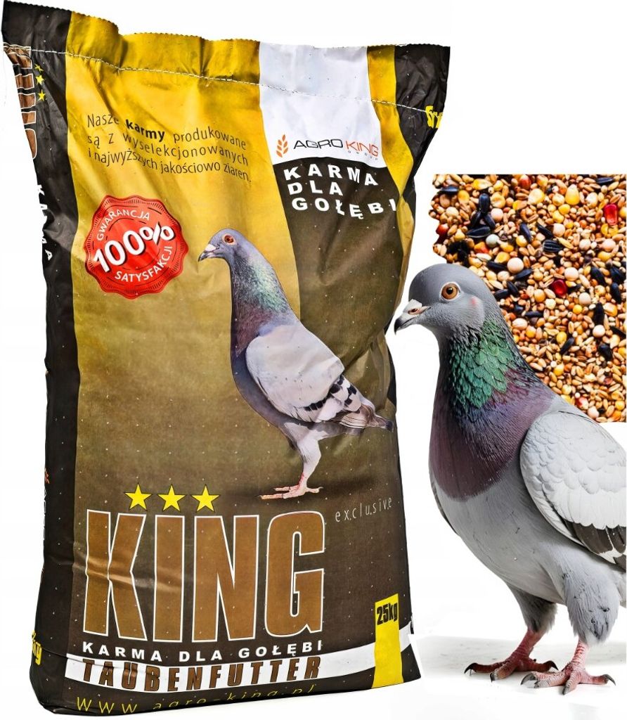 A bag of pigeon feed with two pigeons and a close-up of the feed.