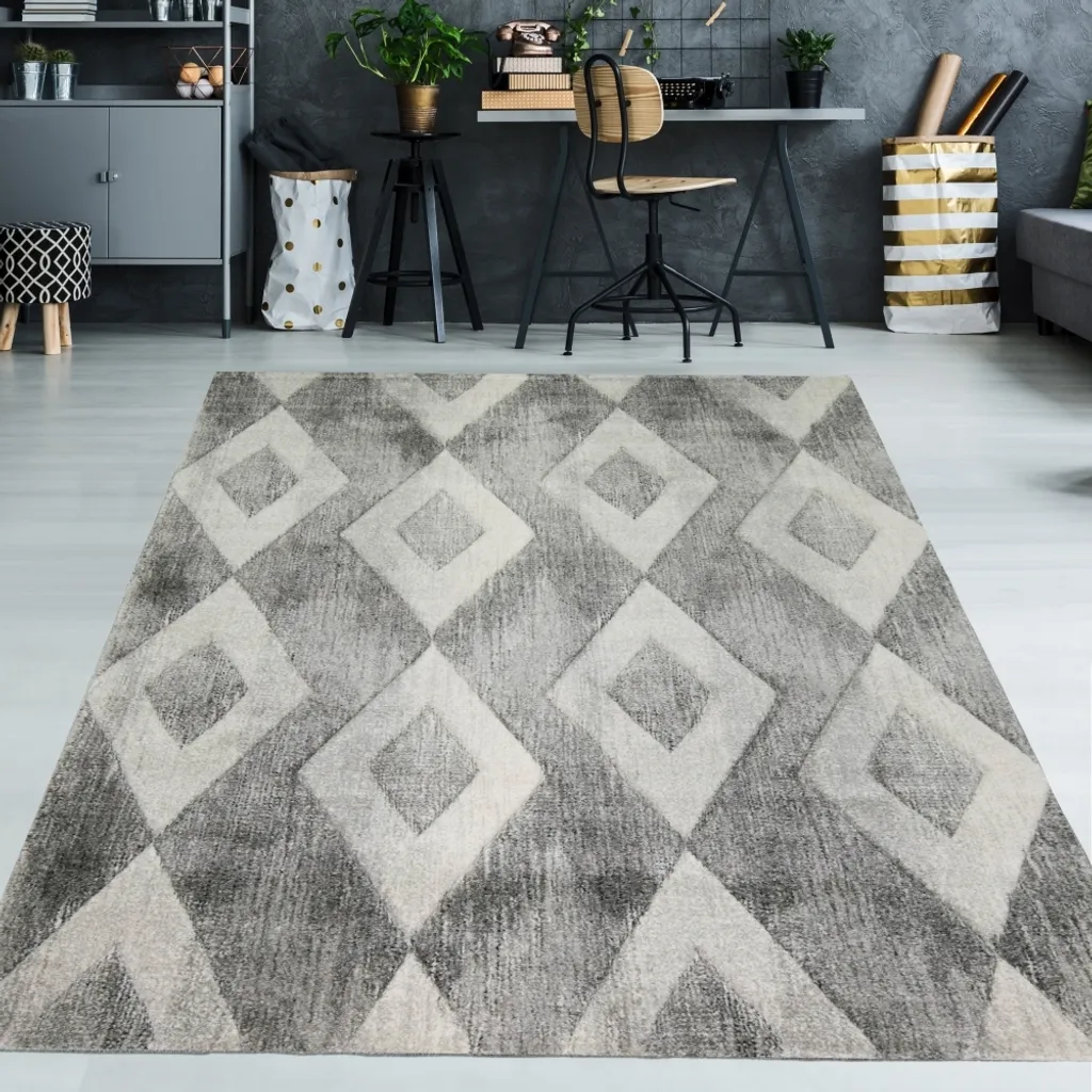 Tapis abstrait losanges gris et crème 120x170 cm - Style scandinave chic