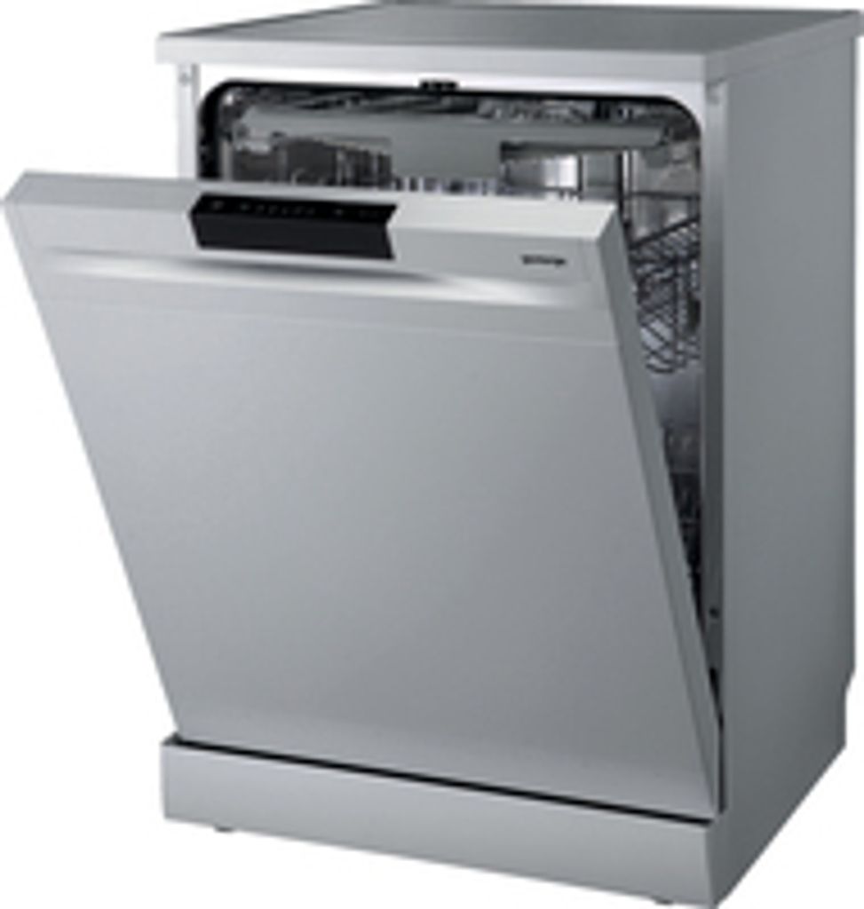 A silver Gorenje dishwasher with its door open.