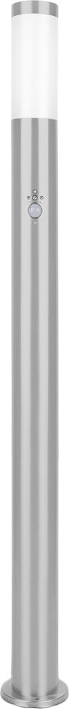 A tall, cylindrical outdoor lamp with a brushed metal finish and a frosted glass top.