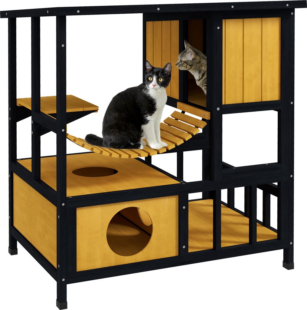 PawHut Katzenhaus aus Holz Katzenhöhle Katzenvilla draußen, Produktbild 