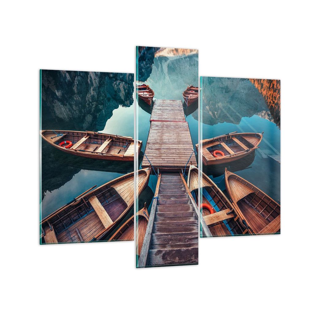 Bilder auf glas - Berge Boot Wasser - 95x80cm - Glasbilder - Wandbilder - Kunstdruck - zum Aufhängen bereit - Wanddekoration aus Glas - Glas Bilde...