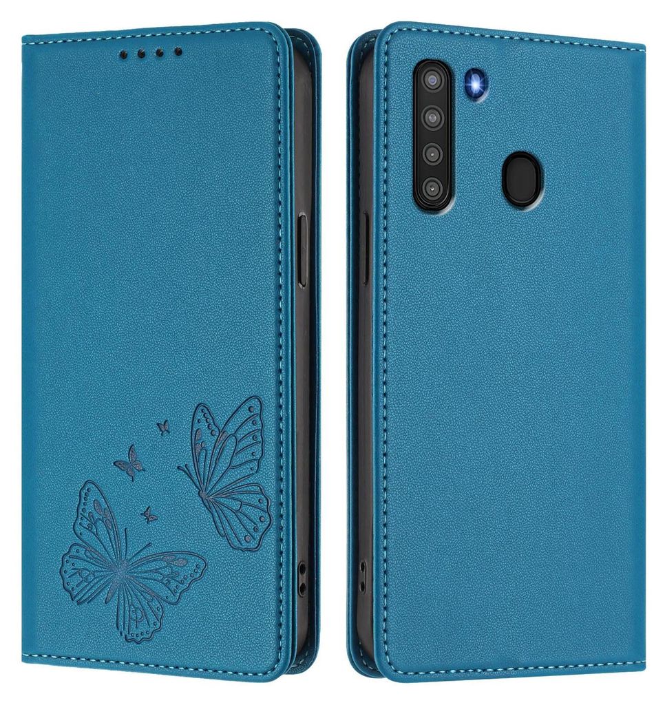 Lederhülle für Samsung Galaxy A21, Schmetterling Prägung Leder Brieftasche Schutzhülle mit Ständer Blau