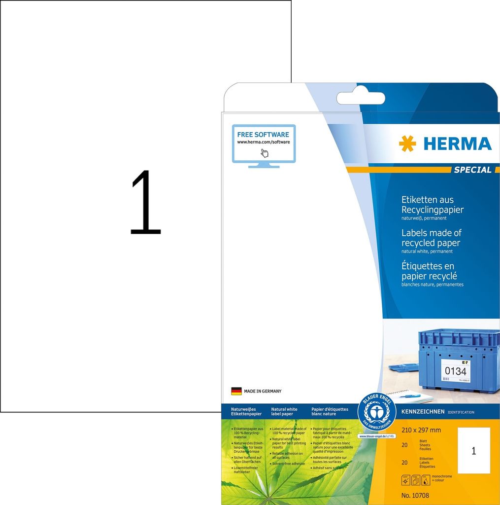 Etiketten Recyclingpapier A4 210x297mm weiß VE=32x20 Blatt/20 Stück