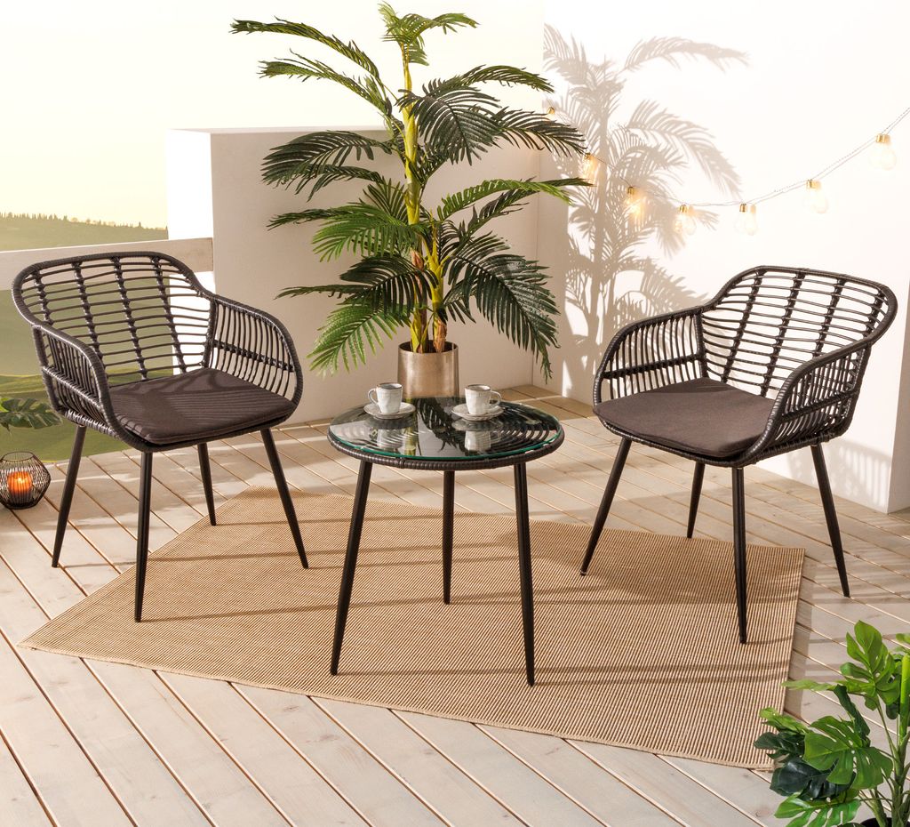 riess-ambiente Outdoor Bistro Balkon-Set PARIS schwarz Polyrattan Sitzgruppe wetterfest inkl. Tisch Kissen Balkonmöbel