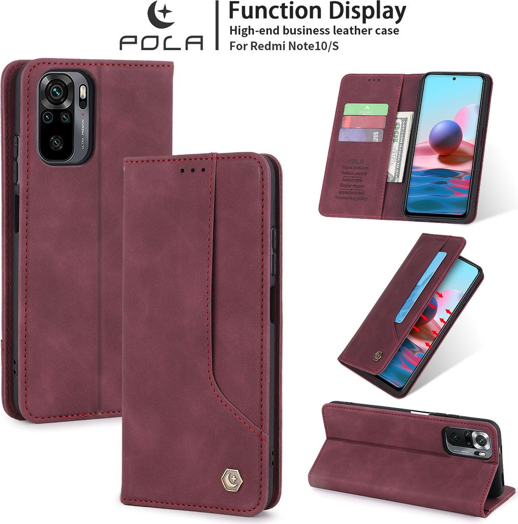 Redmi Note 10 Hülle, LaimTop Retro Kunstledertasche Schutzhülle mit Kartenfach Standfunktion für Xiaomi Redmi Note 10 / Note 10S Rot