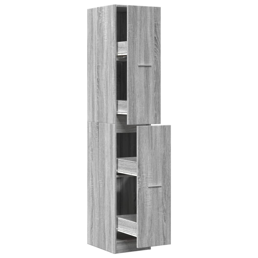 A tall, narrow gray wood-grain cabinet with two doors.
